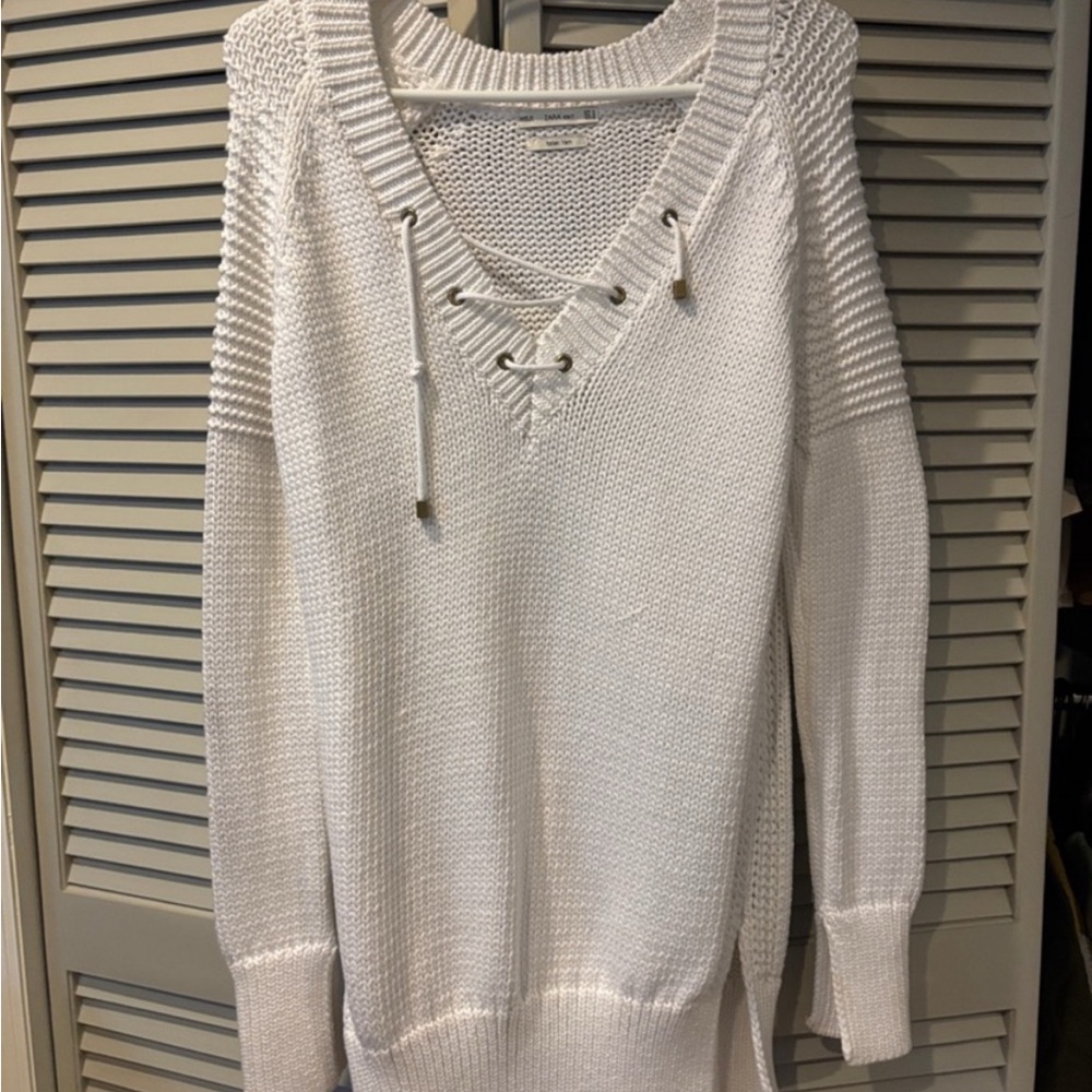 Zara white Lace-Up V-Neck Women's Sweater